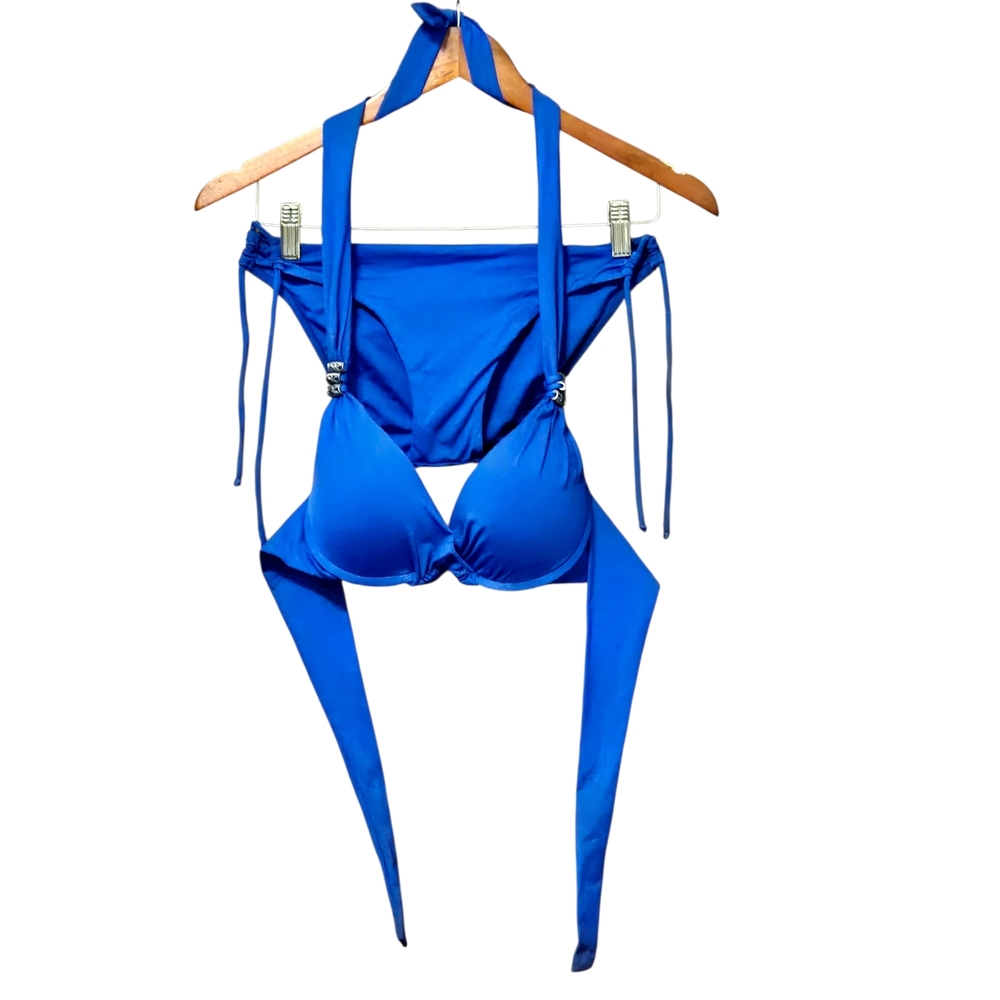 BECCA bikini royal blue M padded EUC Rebecca Virtue like new string ruched butt